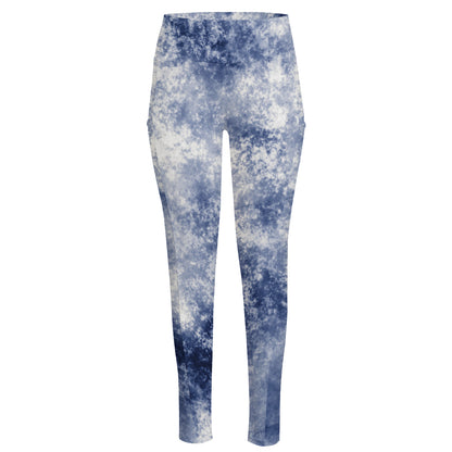 White And Blue Acid Wash Tie Dye Print High-Waisted Pocket Leggings