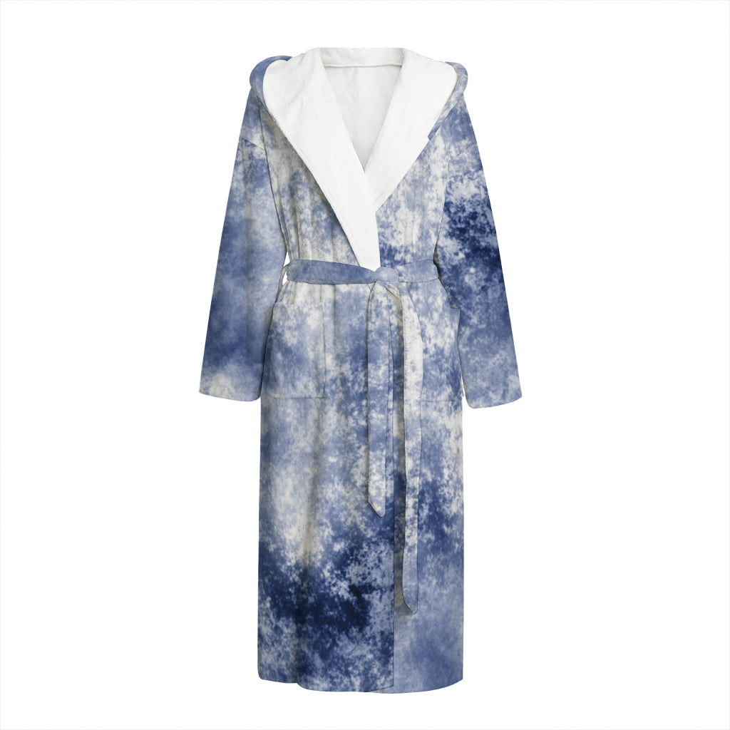 White And Blue Acid Wash Tie Dye Print Hooded Bathrobe