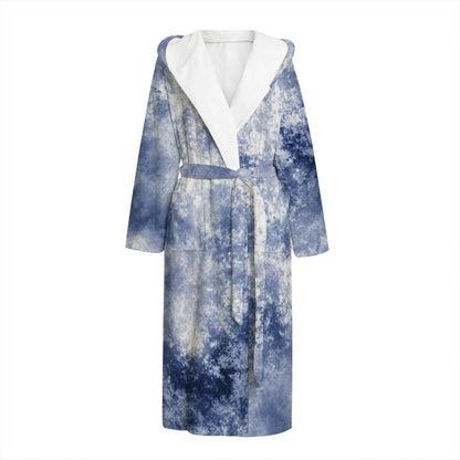 White And Blue Acid Wash Tie Dye Print Hooded Bathrobe