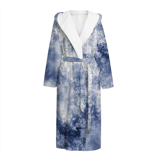 White And Blue Acid Wash Tie Dye Print Hooded Bathrobe