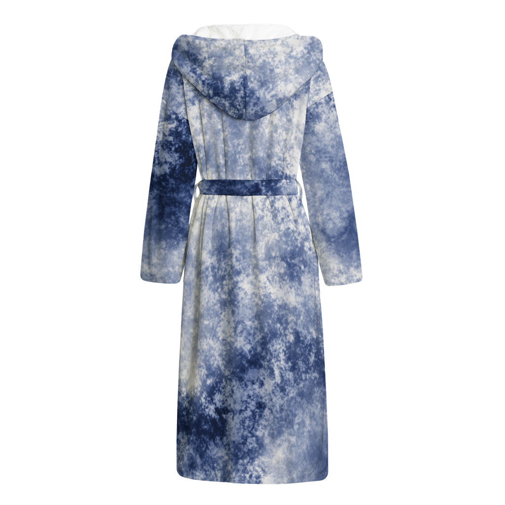 White And Blue Acid Wash Tie Dye Print Hooded Bathrobe