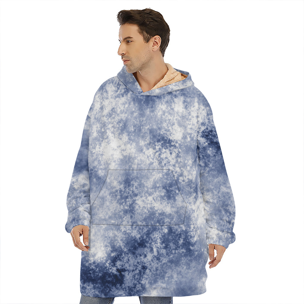 White And Blue Acid Wash Tie Dye Print Hoodie Blanket