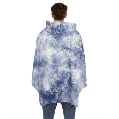 White And Blue Acid Wash Tie Dye Print Hoodie Blanket