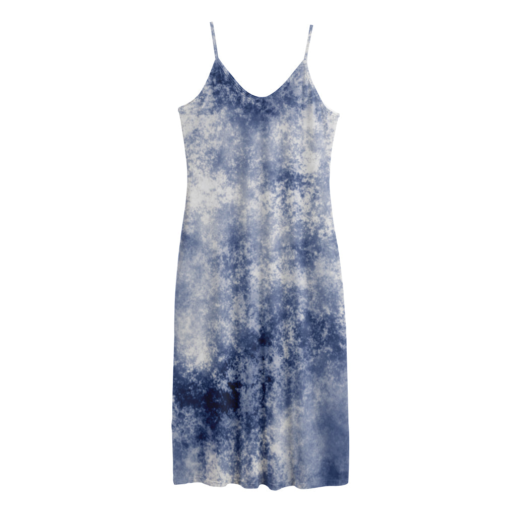 White And Blue Acid Wash Tie Dye Print Jersey Midi Cami Dress