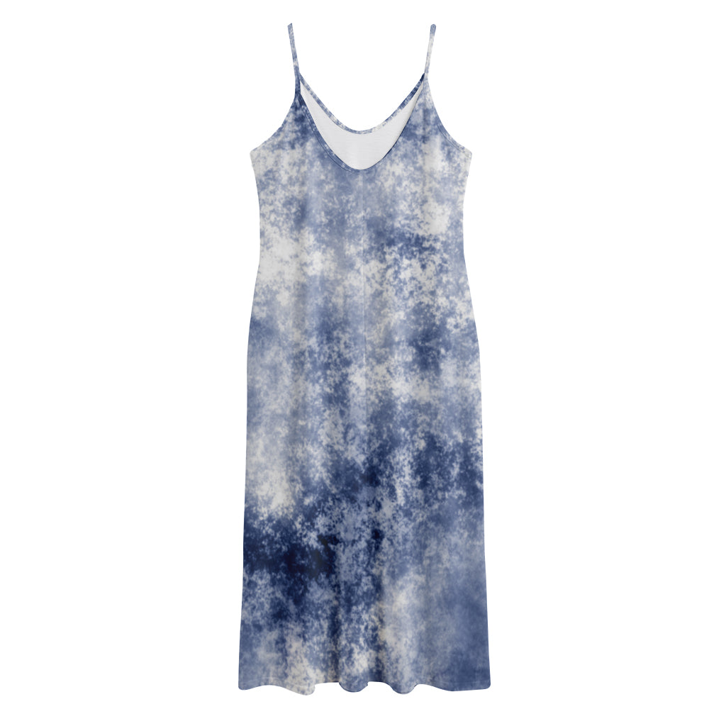 White And Blue Acid Wash Tie Dye Print Jersey Midi Cami Dress