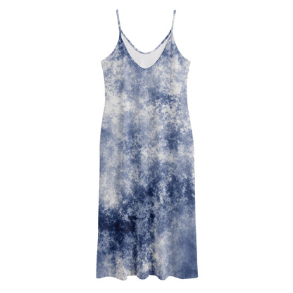 White And Blue Acid Wash Tie Dye Print Jersey Midi Cami Dress
