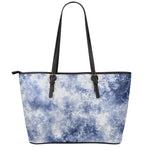 White And Blue Acid Wash Tie Dye Print Leather Tote Bag