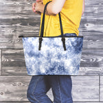 White And Blue Acid Wash Tie Dye Print Leather Tote Bag