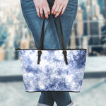 White And Blue Acid Wash Tie Dye Print Leather Tote Bag