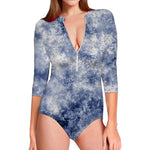 White And Blue Acid Wash Tie Dye Print Long Sleeve Swimsuit