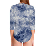 White And Blue Acid Wash Tie Dye Print Long Sleeve Swimsuit