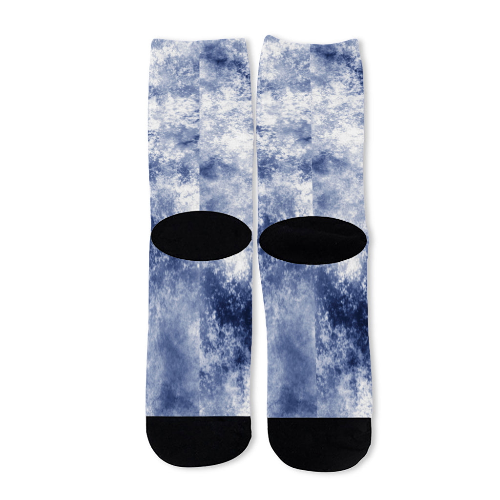 White And Blue Acid Wash Tie Dye Print Long Socks