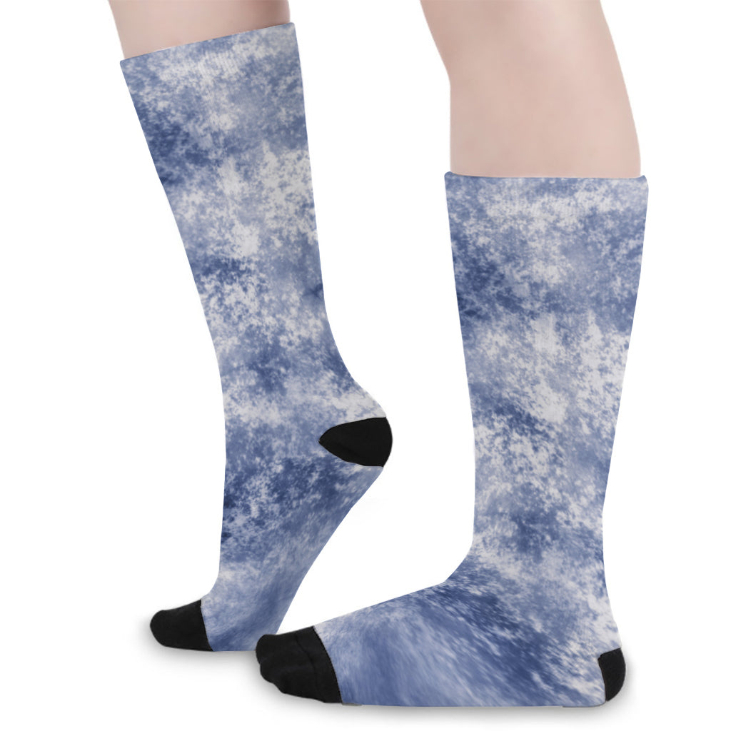 White And Blue Acid Wash Tie Dye Print Long Socks