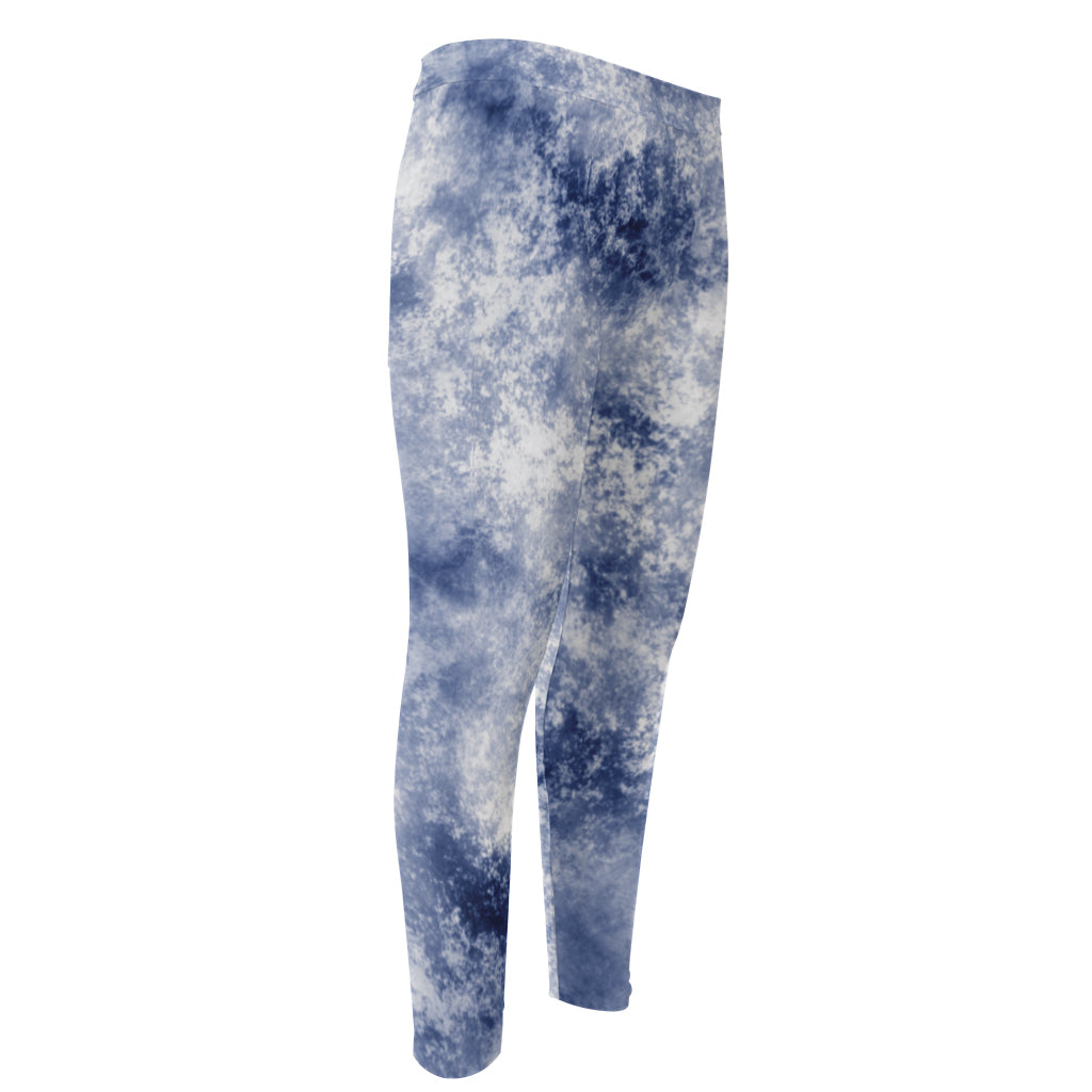 White And Blue Acid Wash Tie Dye Print Men's Compression Pants