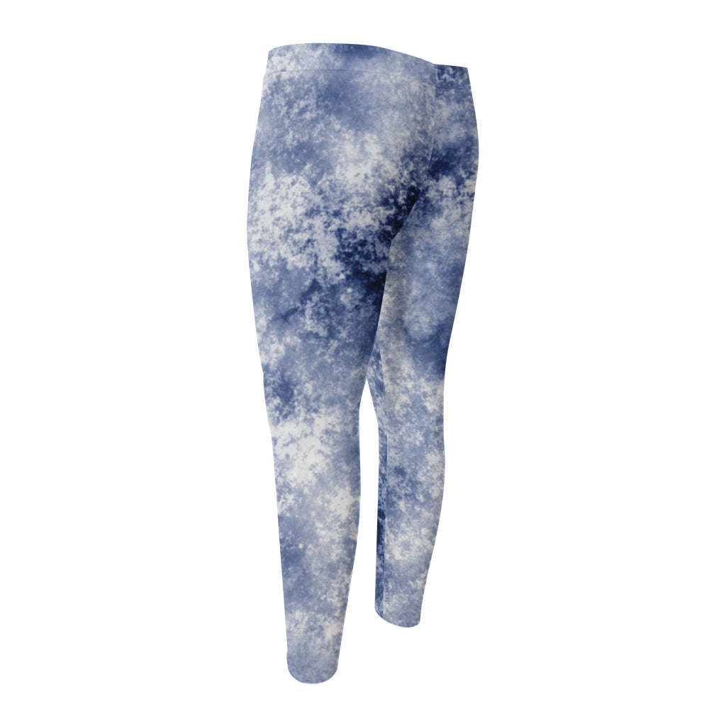 White And Blue Acid Wash Tie Dye Print Men's Compression Pants