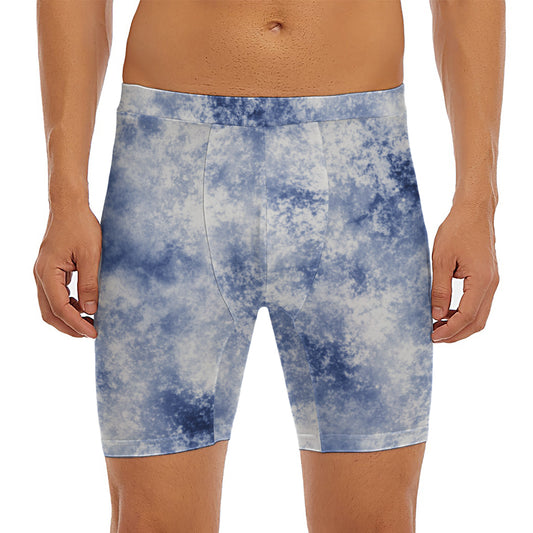 White And Blue Acid Wash Tie Dye Print Men's Long Boxer Briefs