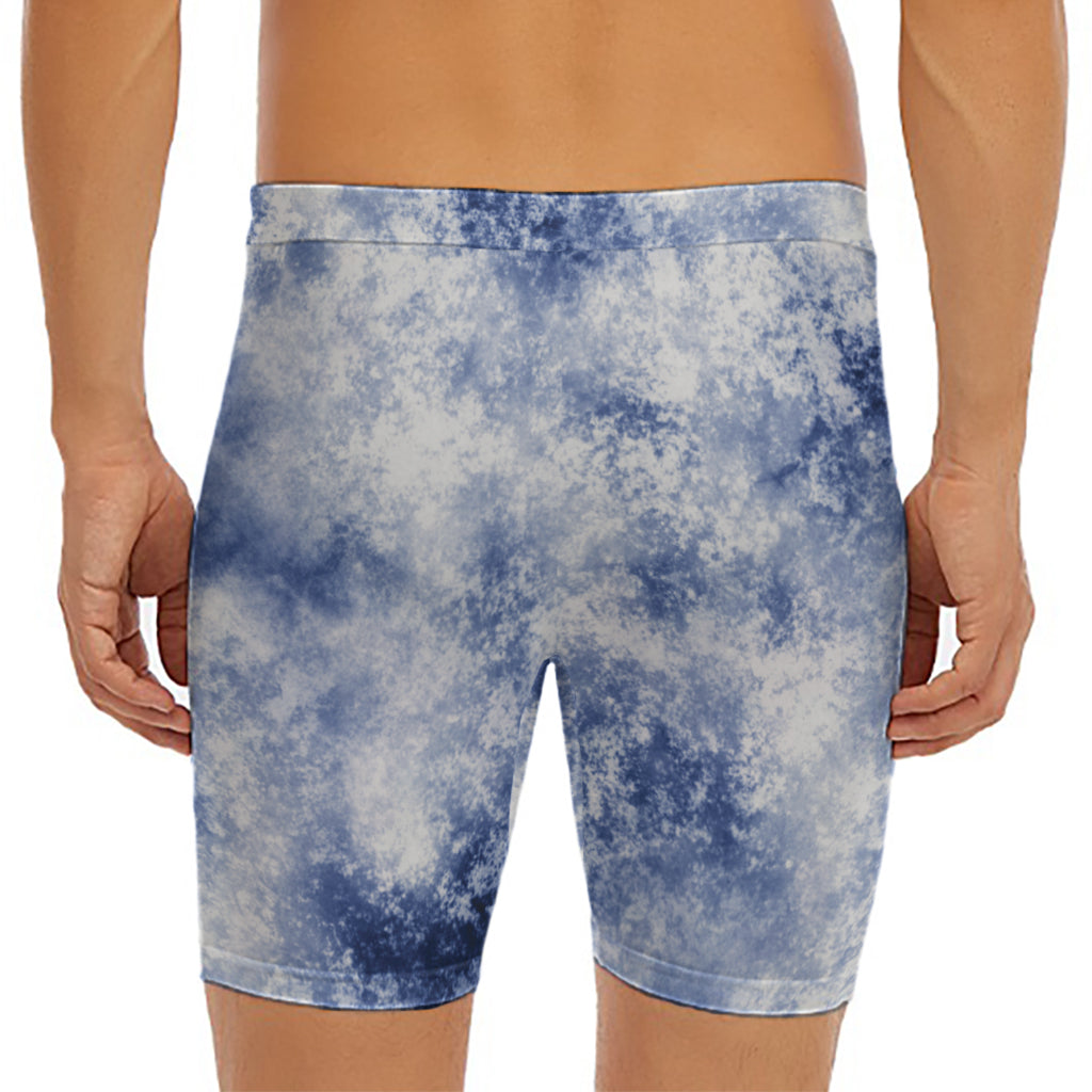 White And Blue Acid Wash Tie Dye Print Men's Long Boxer Briefs