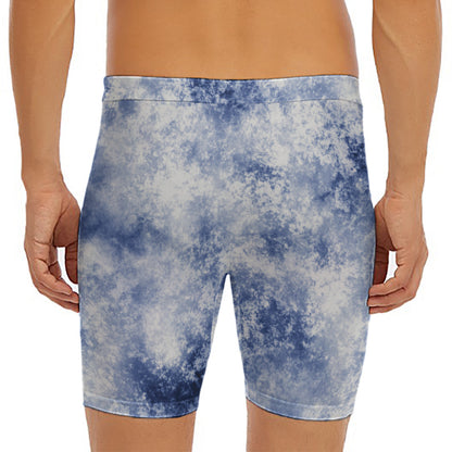 White And Blue Acid Wash Tie Dye Print Men's Long Boxer Briefs
