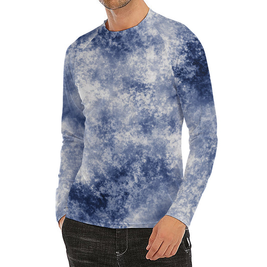 White And Blue Acid Wash Tie Dye Print Men's Long Sleeve Rash Guard