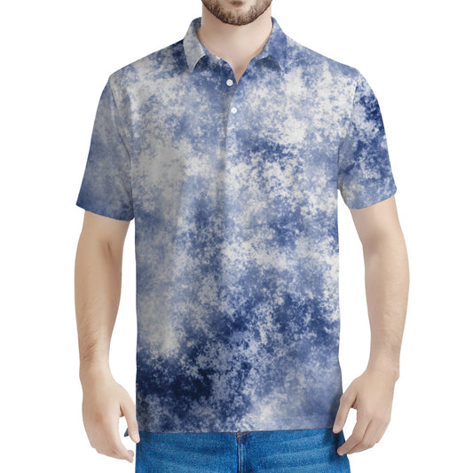 White And Blue Acid Wash Tie Dye Print Men's Polo Shirt