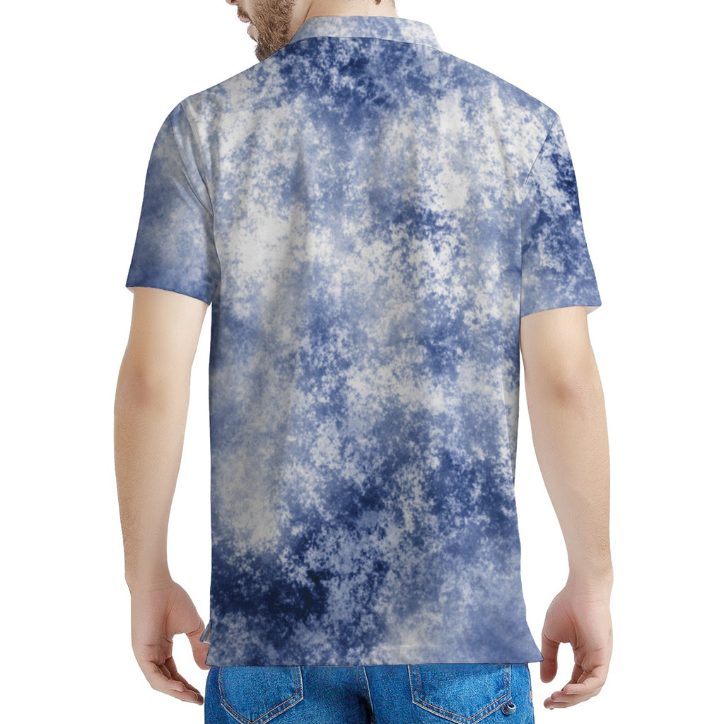 White And Blue Acid Wash Tie Dye Print Men's Polo Shirt