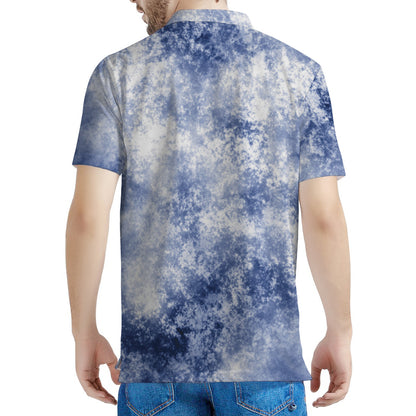 White And Blue Acid Wash Tie Dye Print Men's Polo Shirt