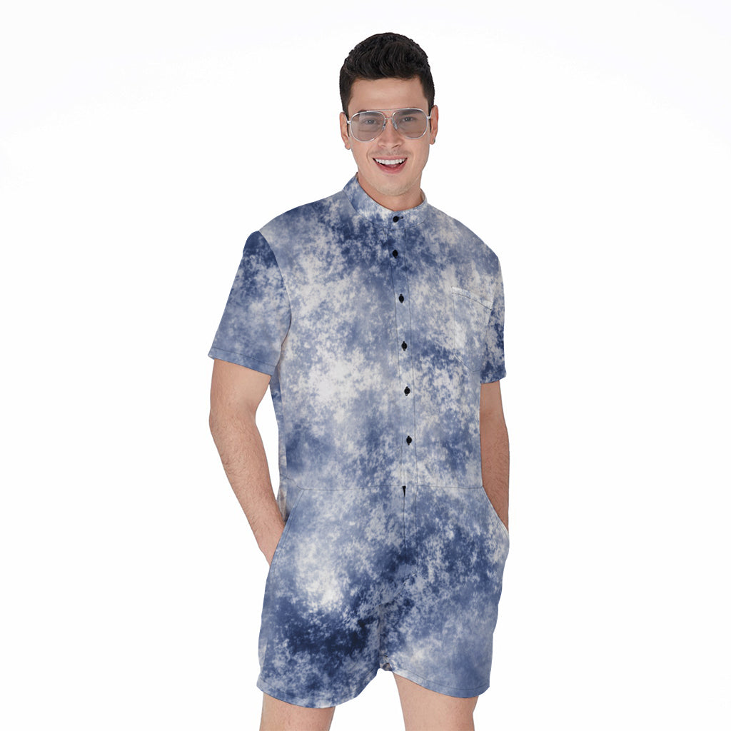 White And Blue Acid Wash Tie Dye Print Men's Rompers
