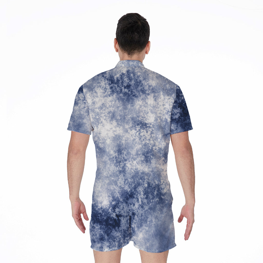 White And Blue Acid Wash Tie Dye Print Men's Rompers