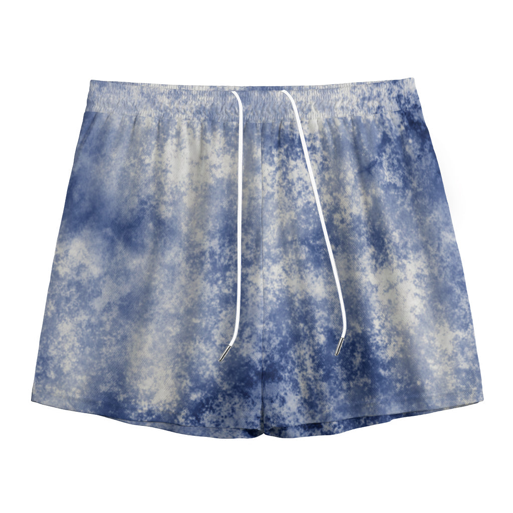 White And Blue Acid Wash Tie Dye Print Mesh Shorts