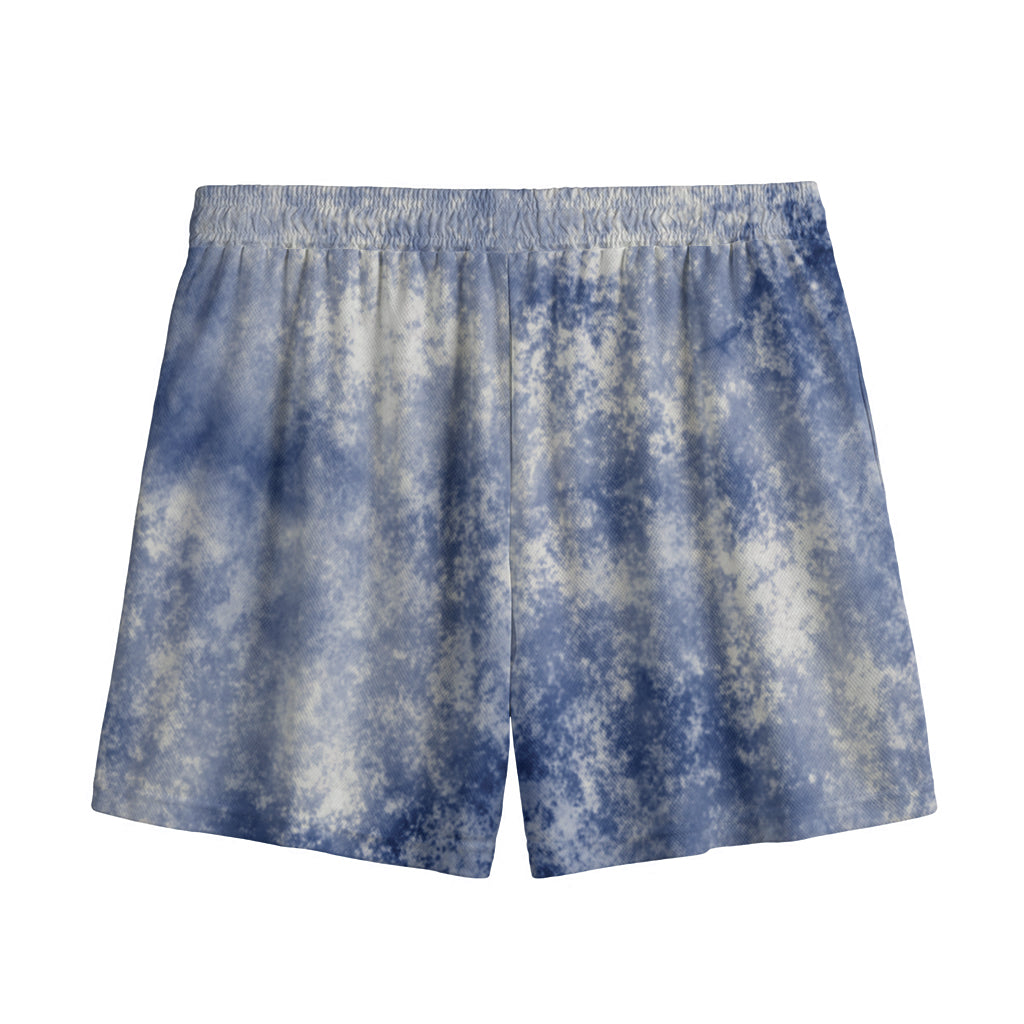 White And Blue Acid Wash Tie Dye Print Mesh Shorts
