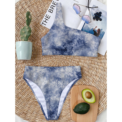 White And Blue Acid Wash Tie Dye Print One Shoulder Bikini Top