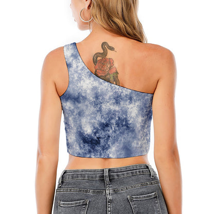 White And Blue Acid Wash Tie Dye Print One Shoulder Crop Top