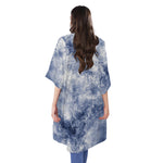 White And Blue Acid Wash Tie Dye Print Open Front Beach Cover Up