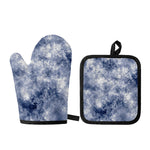 White And Blue Acid Wash Tie Dye Print Oven Mitt And Pot Holder Set