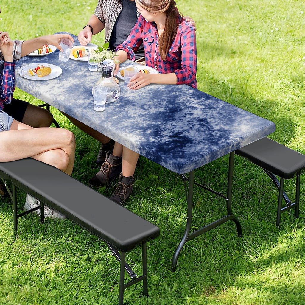 White And Blue Acid Wash Tie Dye Print Picnic Table Cover