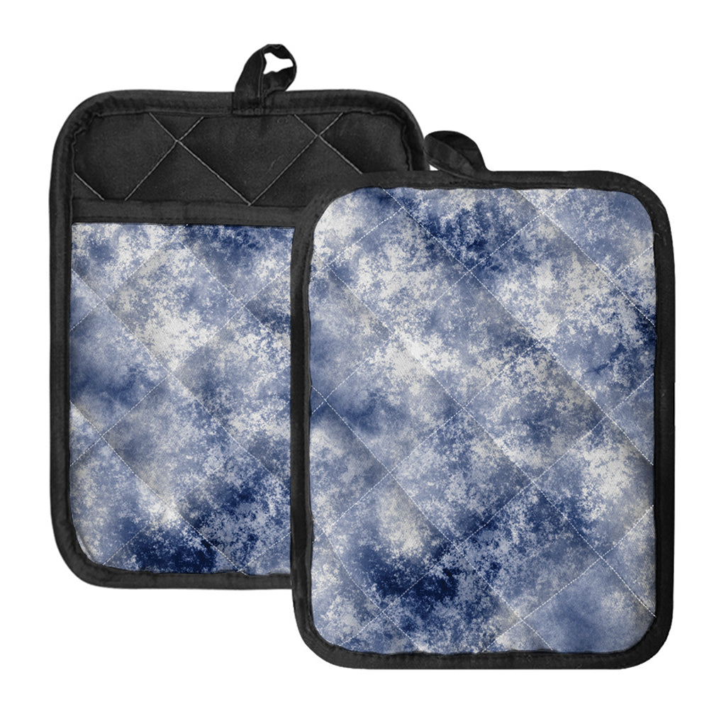 White And Blue Acid Wash Tie Dye Print Pot Holders With Pocket