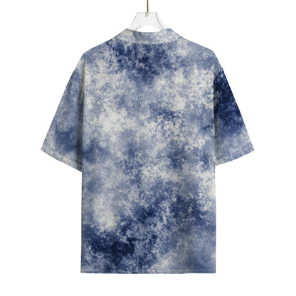 White And Blue Acid Wash Tie Dye Print Rayon Hawaiian Shirt