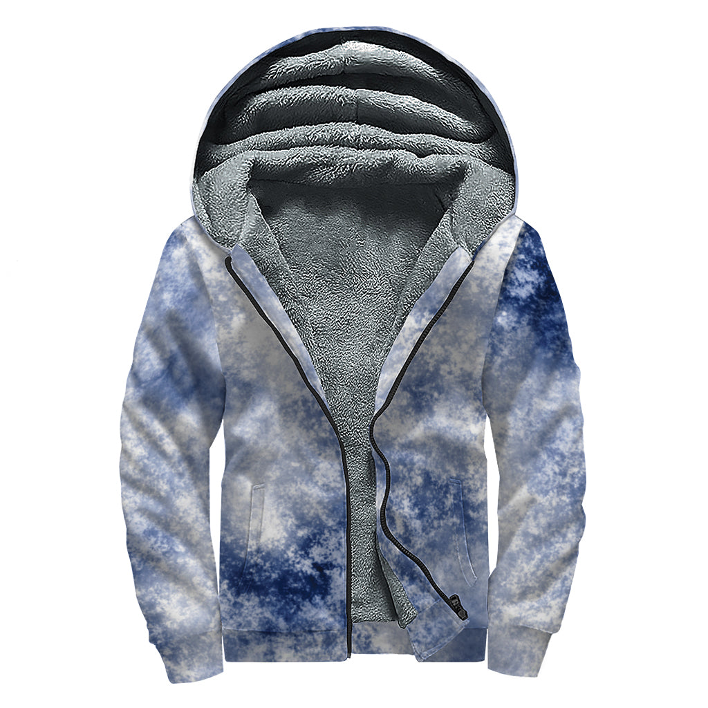 White And Blue Acid Wash Tie Dye Print Sherpa Lined Zip Up Hoodie