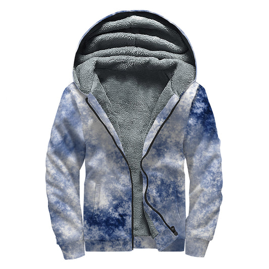 White And Blue Acid Wash Tie Dye Print Sherpa Lined Zip Up Hoodie