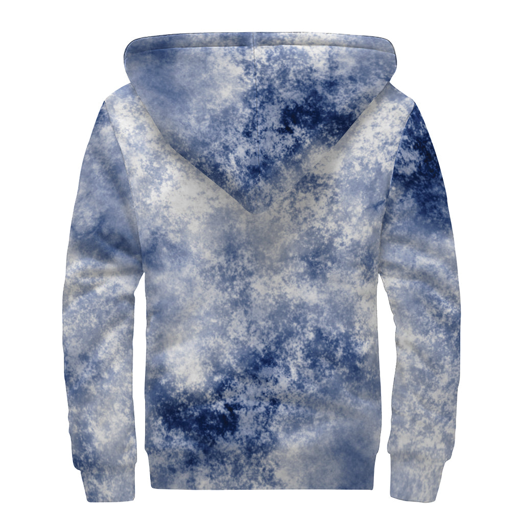 White And Blue Acid Wash Tie Dye Print Sherpa Lined Zip Up Hoodie