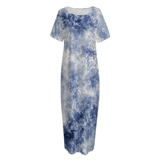 White And Blue Acid Wash Tie Dye Print Short Sleeve Long Nightdress
