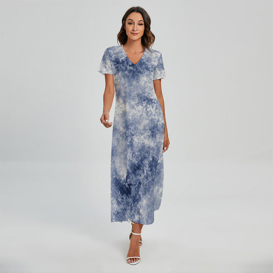 White And Blue Acid Wash Tie Dye Print Short Sleeve Maxi Dress