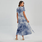White And Blue Acid Wash Tie Dye Print Short Sleeve Maxi Dress