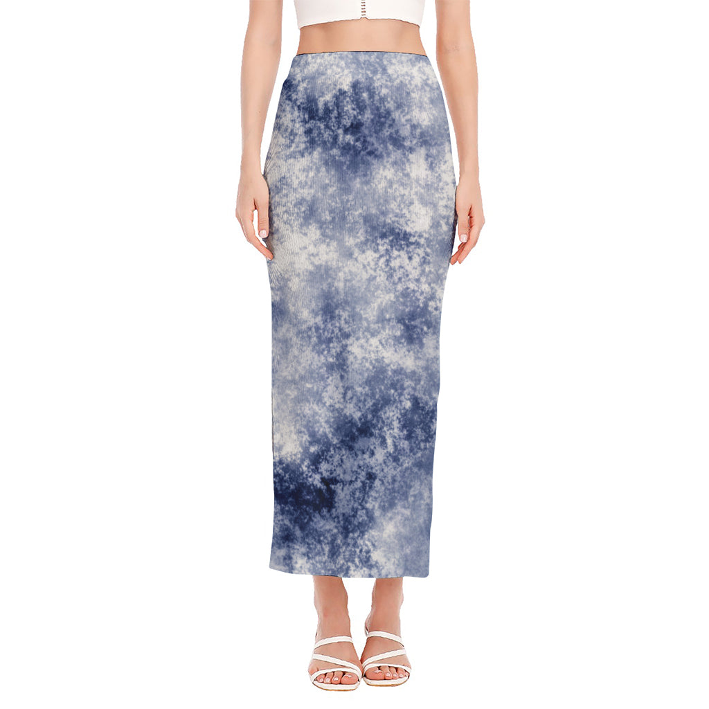 White And Blue Acid Wash Tie Dye Print Side Slit Maxi Skirt