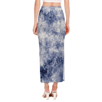 White And Blue Acid Wash Tie Dye Print Side Slit Maxi Skirt