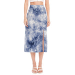 White And Blue Acid Wash Tie Dye Print Side Slit Midi Skirt