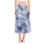 White And Blue Acid Wash Tie Dye Print Side Slit Midi Skirt