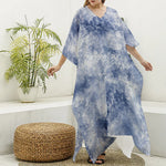 White And Blue Acid Wash Tie Dye Print Silk V-Neck Kaftan Dress