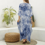 White And Blue Acid Wash Tie Dye Print Silk V-Neck Kaftan Dress