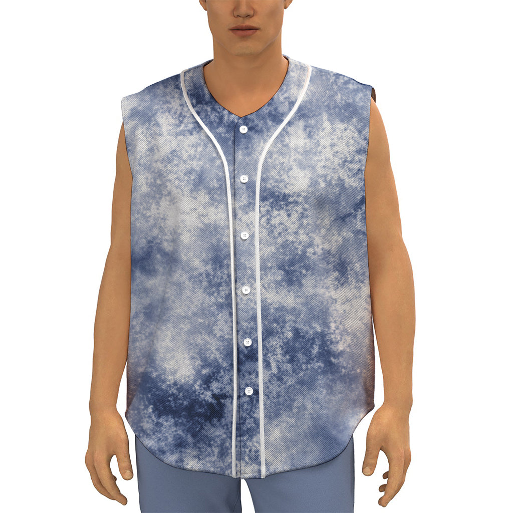 White And Blue Acid Wash Tie Dye Print Sleeveless Baseball Jersey